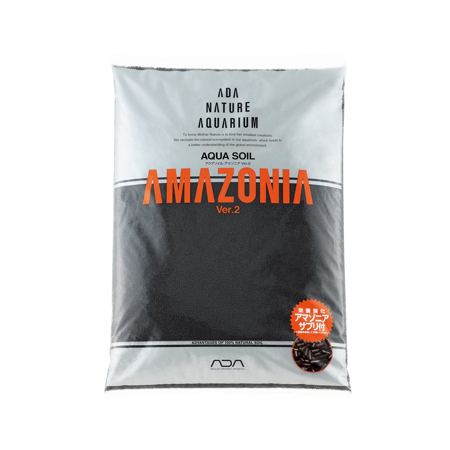 Die Abbildung zeigt eine Verpackung von ADA Aqua Soil Amazonia Ver.2, einem beliebten Bodengrund für Aquarien.