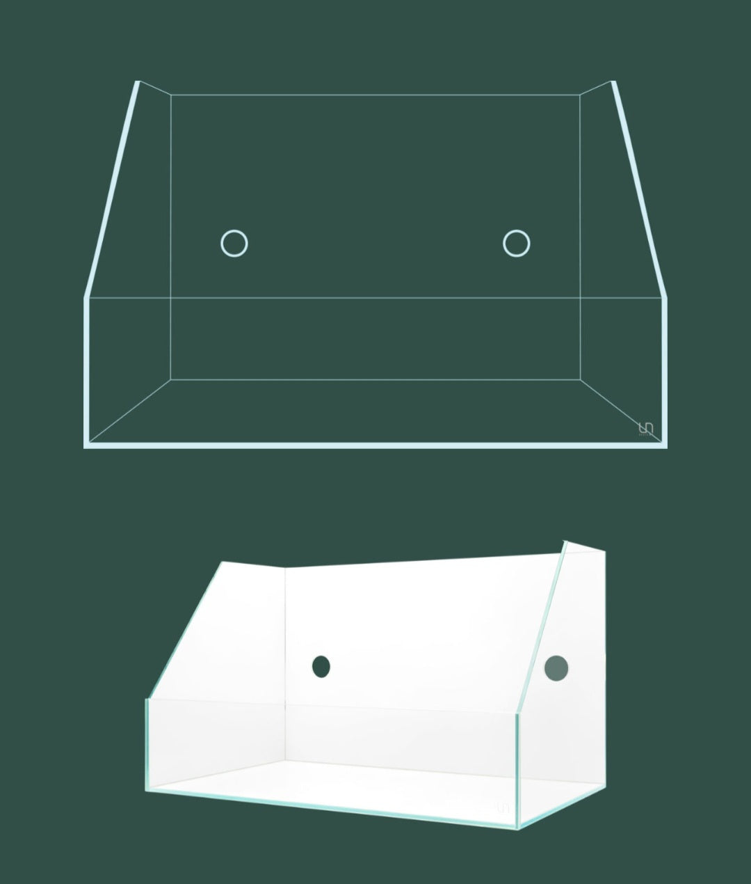 Das Bild zeigt zwei perspektivische Darstellungen einer rechteckigen, transparenten Paludarium mit einer abgeschrägten Vorderseite.