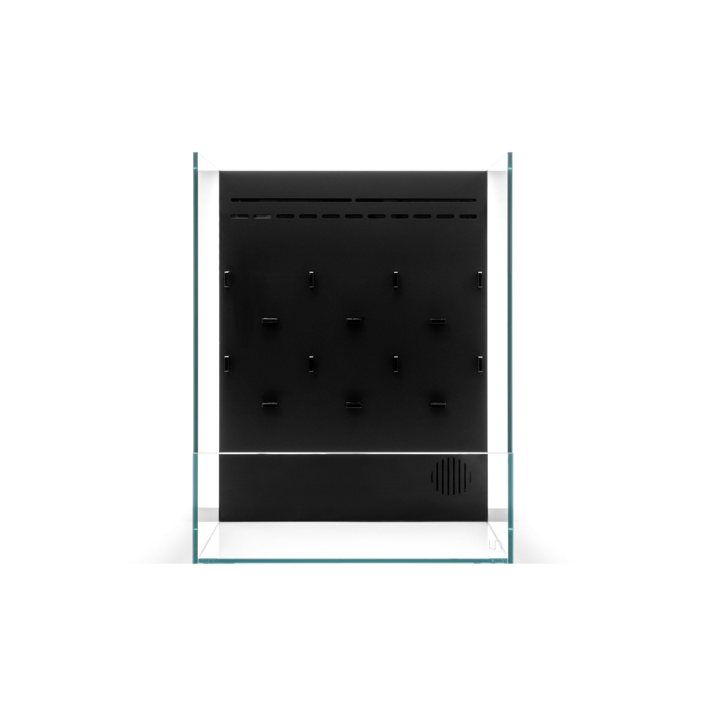 Das Bild zeigt ein rechteckiges, transparentes Paludarium. Das Aquarium ist mit einer schwarzen Rückwand ausgestattet, die mit zahlreichen kleinen Löchern perforiert ist. Die Löcher sind in einem unregelmäßigen Muster angeordnet.