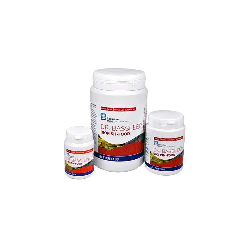 ortiment von Dr. Bassleer Acai Fischfutter in verschiedenen Größen. Ideal für eine ausgewogene Ernährung von Zierfischen.