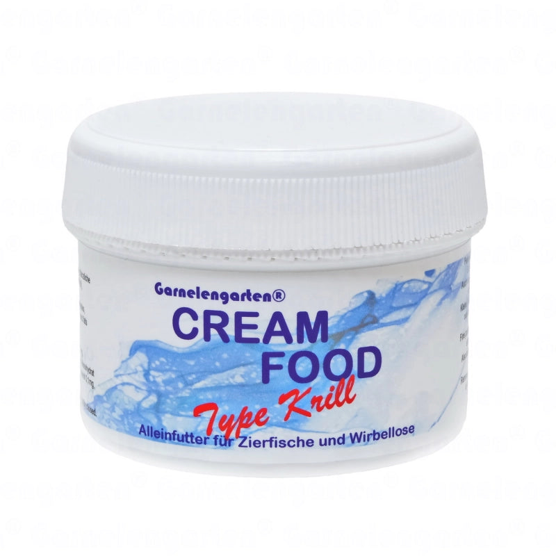 Weiße Plastikdose mit blauem Schriftzug. Produkt: Garnelengarten® Cream Food Type Artemia. Alleinfutter für Zierfische und Wirbellose.