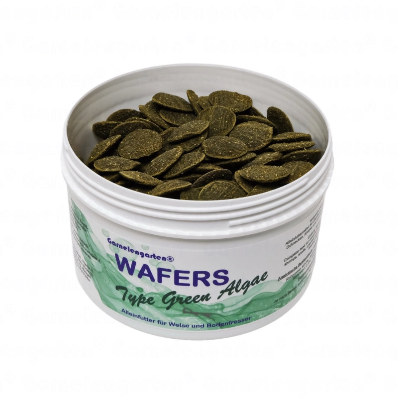 Weiße Plastikdose mit grünen Algentabletten. Garnelengarten® Wafers Type Green Algae. Alleinfutter für Welse und Bodenfresser.
