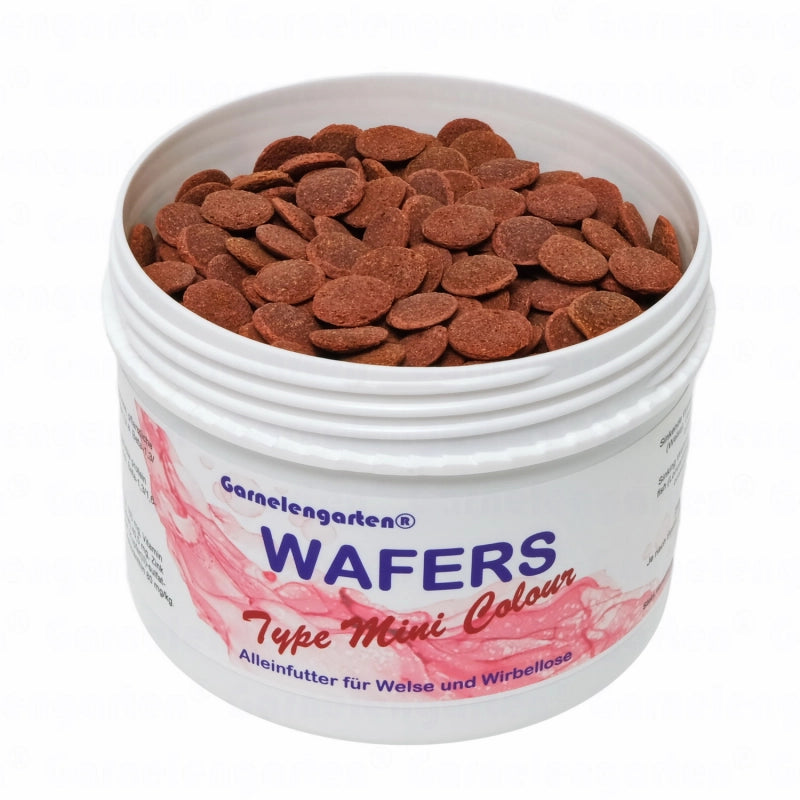 Weiße Dose mit braunen Futtertabletten: Garnelengarten Wafers Type Mini Colour, Alleinfutter für Welse und Wirbellose.