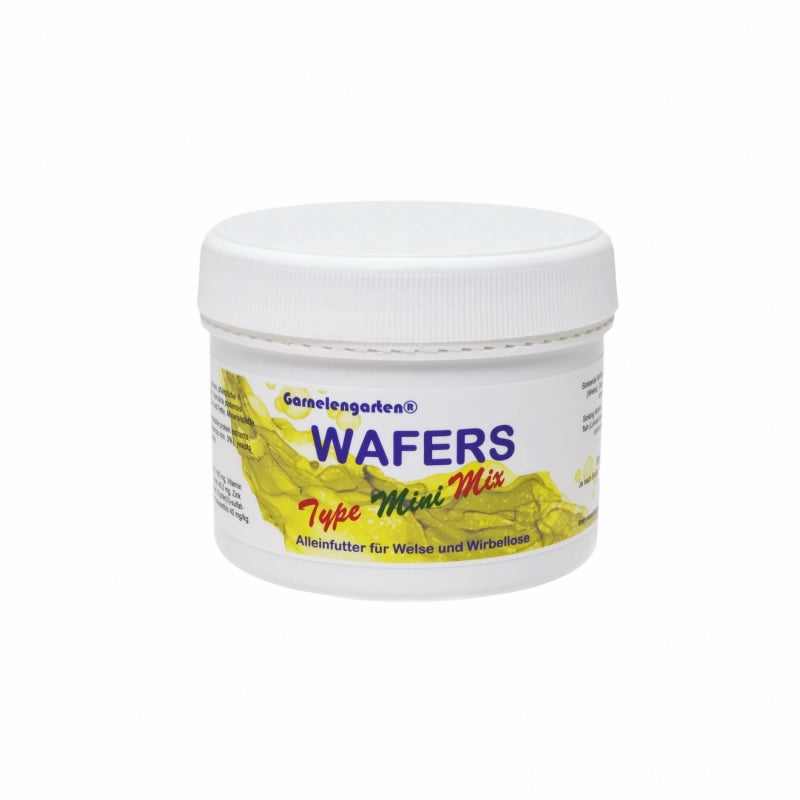 Weiße Dose mit braunen Futtertabletten: Garnelengarten Wafers Type Mini Colour, Alleinfutter für Welse und Wirbellose.