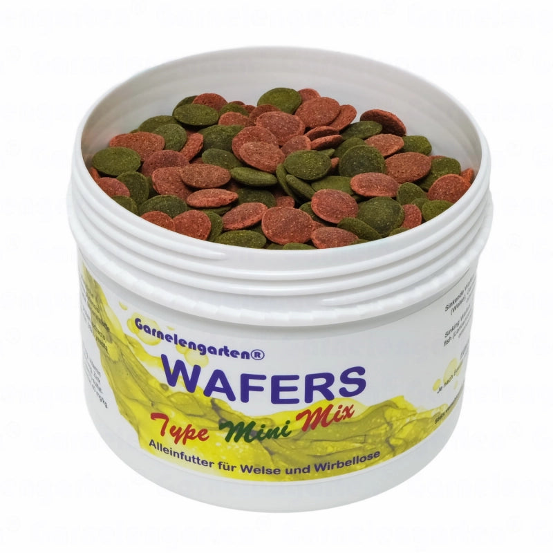 Weiße Dose mit Garnelengarten Wafers Type Mini Mix: Alleinfutter für Welse und Wirbellose.