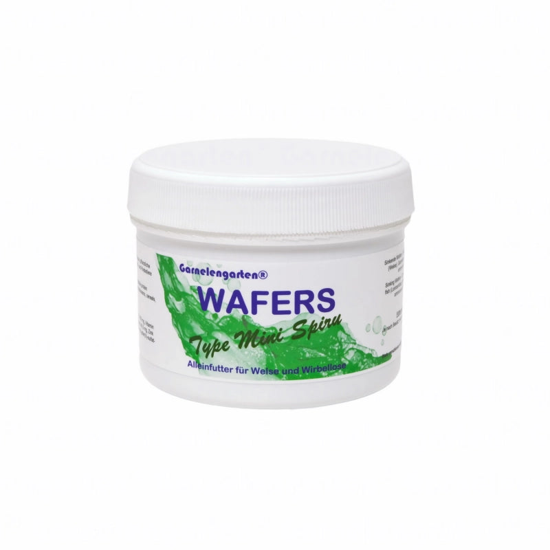 Weiße Dose mit Garnelengarten Wafers Type Mini Spira: Alleinfutter für Welse und Wirbellose.