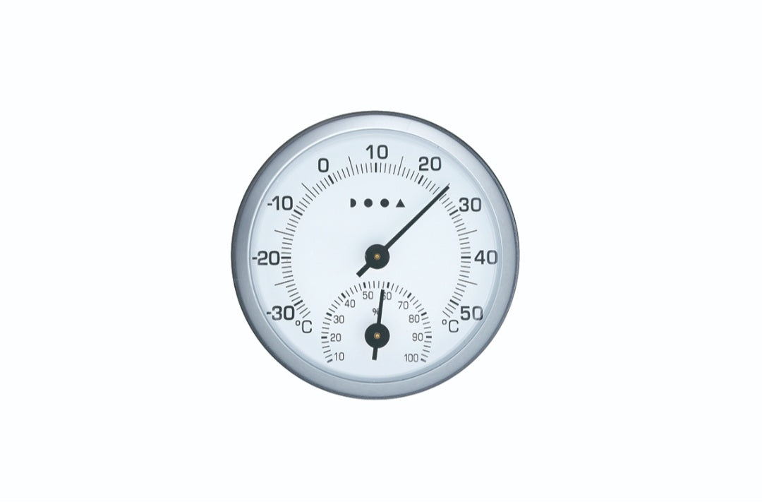 Das Bild zeigt ein analoges Thermometer und Hygrometer in einem Gerät.