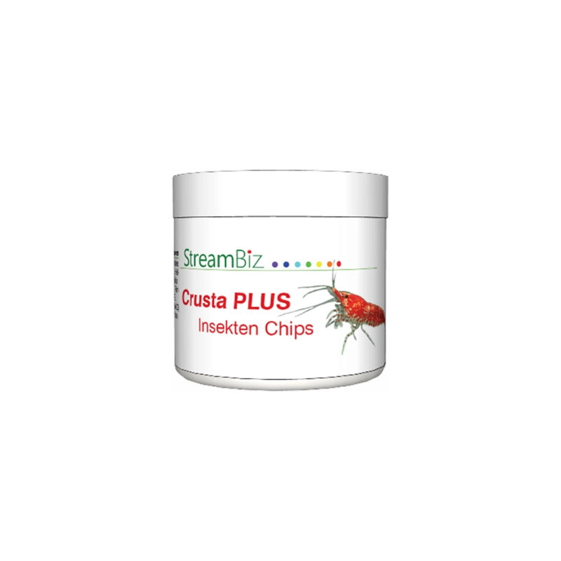 Weißes Döschen mit dem Produktnamen "StreamBiz Crusta Plus Insekten-Chips". Hochwertiges Futter für Ziergarnelen.